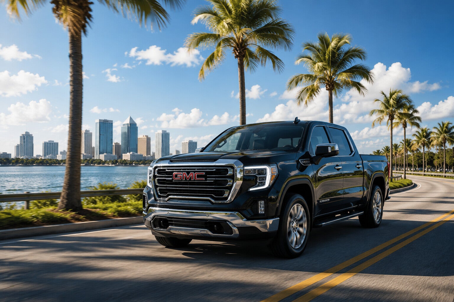 New GMC Sierra driving along Tampa Bay with the Tampa, FL skyline and palm trees in the background